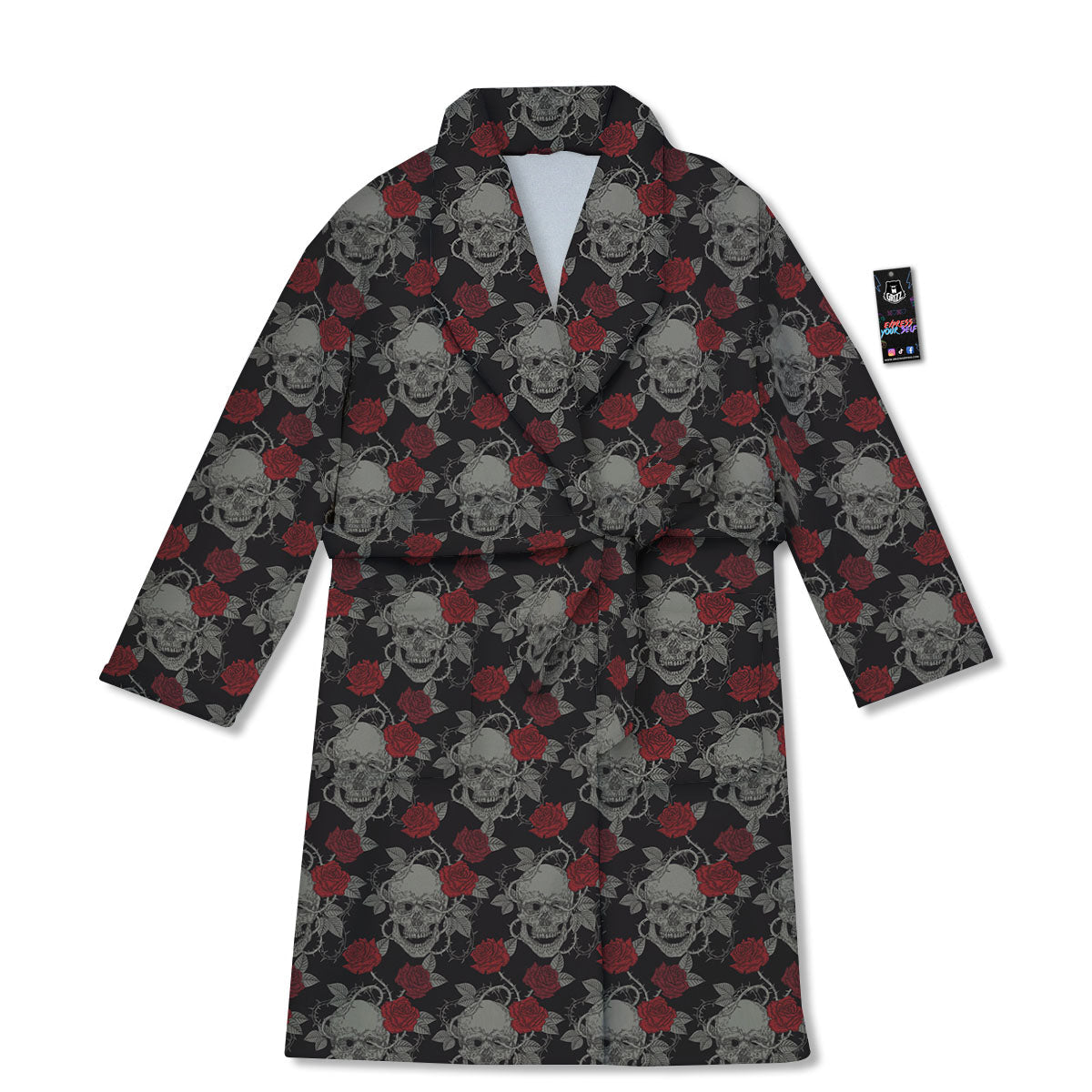 Grey Skull Red Rose Print Pattern Bathrobe-grizzshop