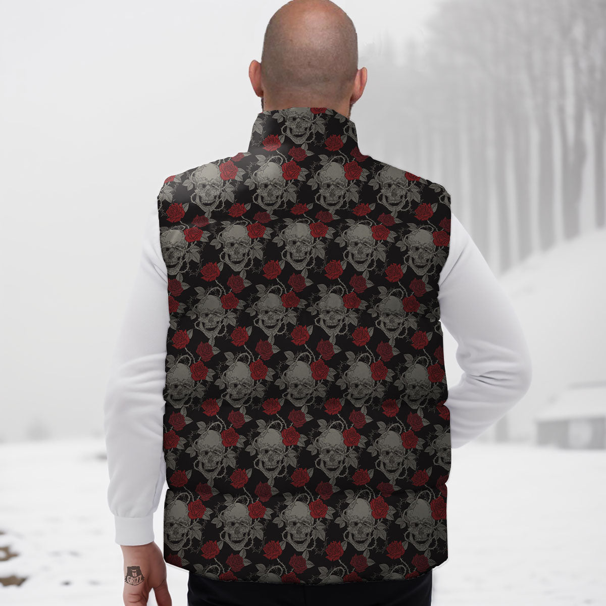 Grey Skull Red Rose Print Pattern Down Vest-grizzshop