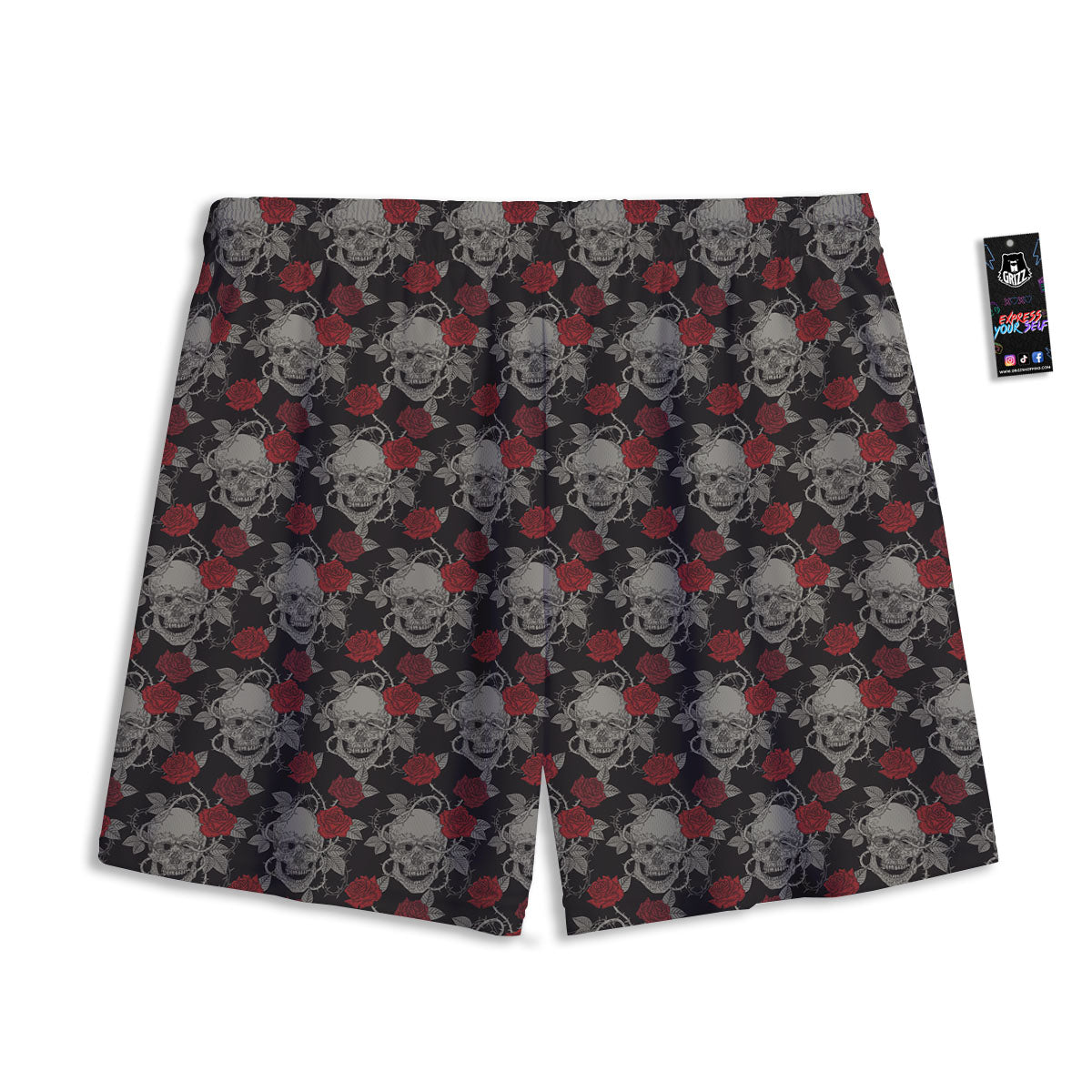Grey Skull Red Rose Print Pattern Mesh Shorts