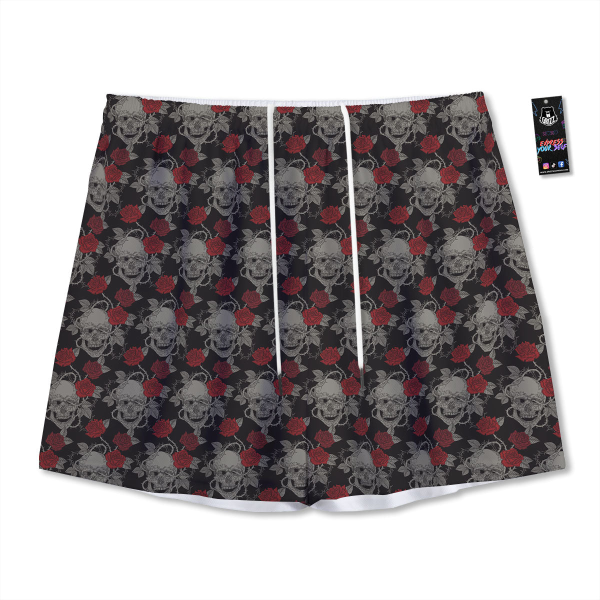Grey Skull Red Rose Print Pattern Mesh Shorts