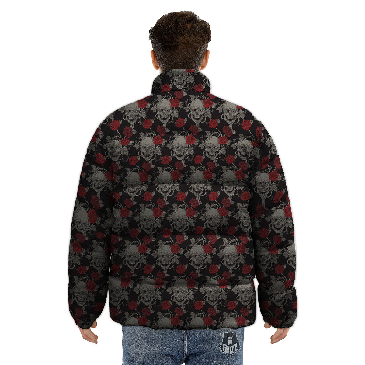 Grey Skull Red Rose Print Pattern Puffer Jacket-grizzshop