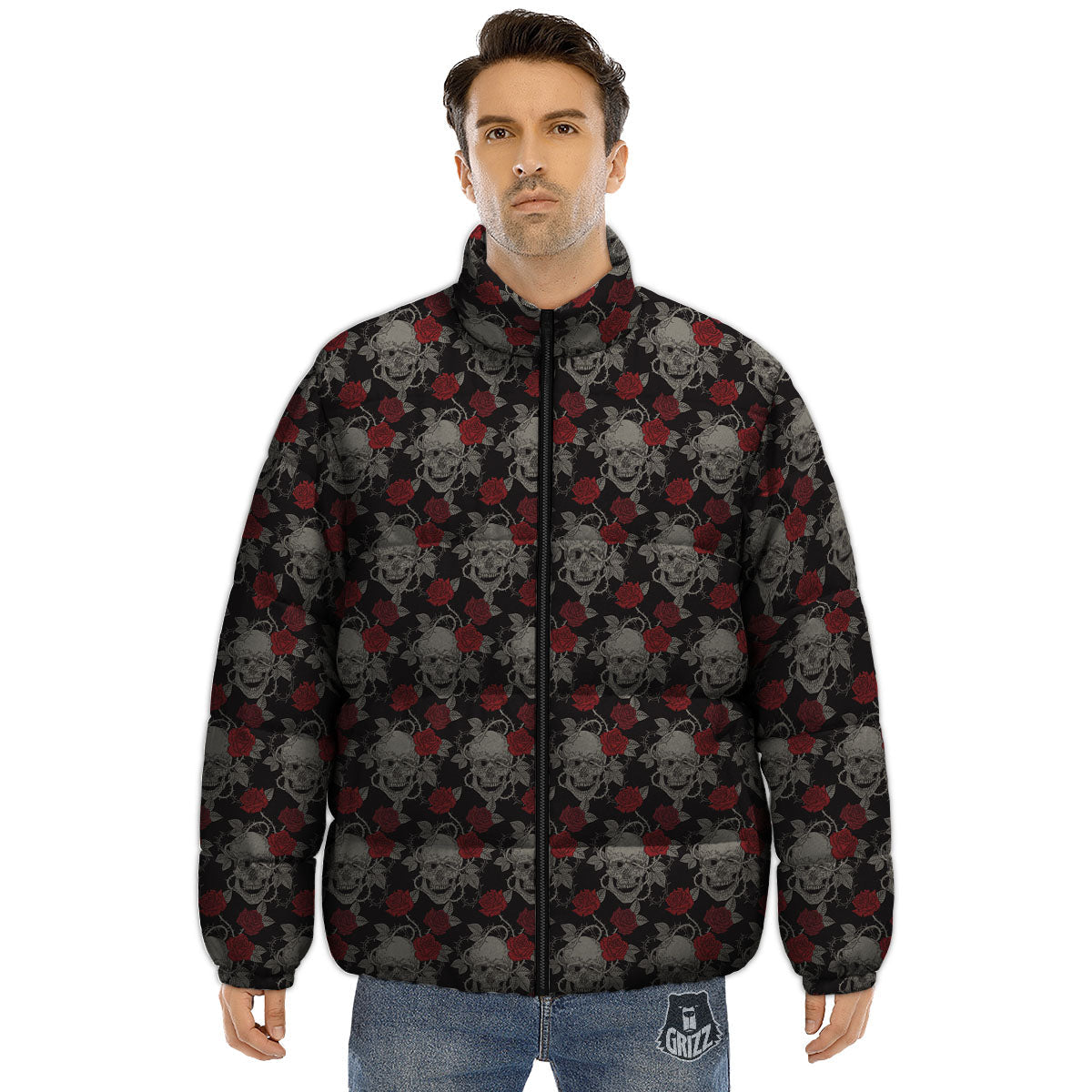 Grey Skull Red Rose Print Pattern Puffer Jacket-grizzshop