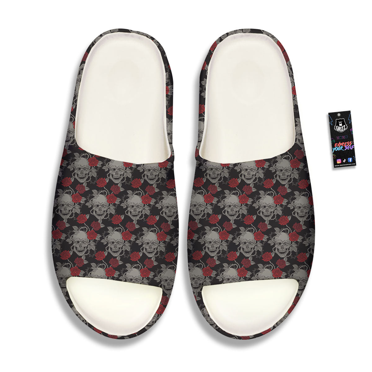 Grey Skull Red Rose Print Pattern Sandals-grizzshop