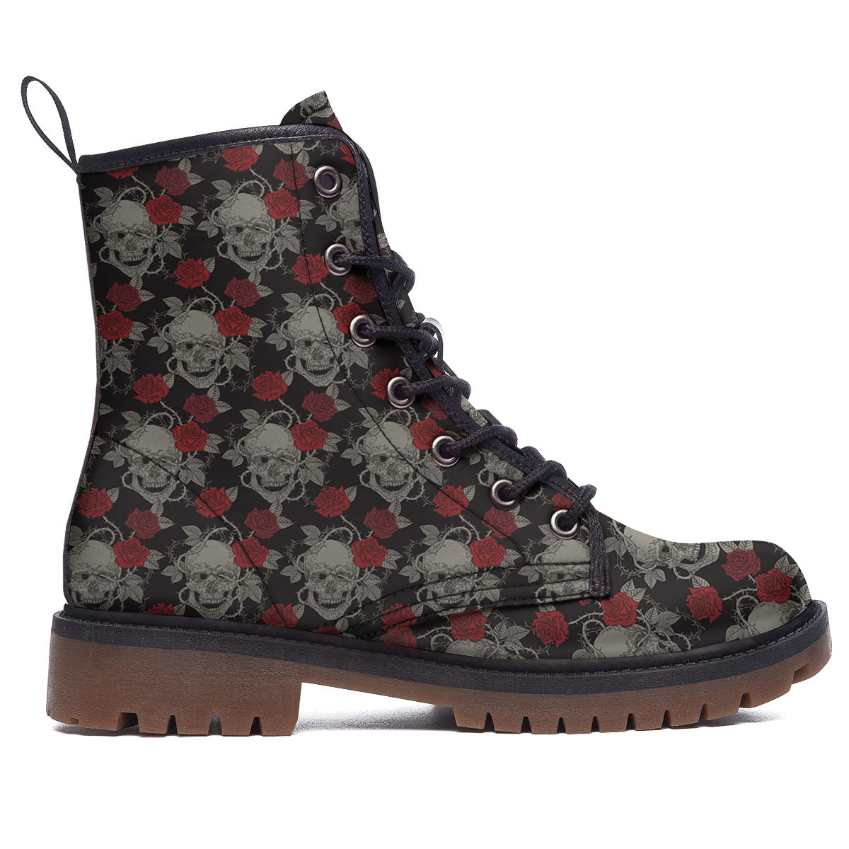 Grey Skull Red Rose Print Pattern Work Boots-grizzshop