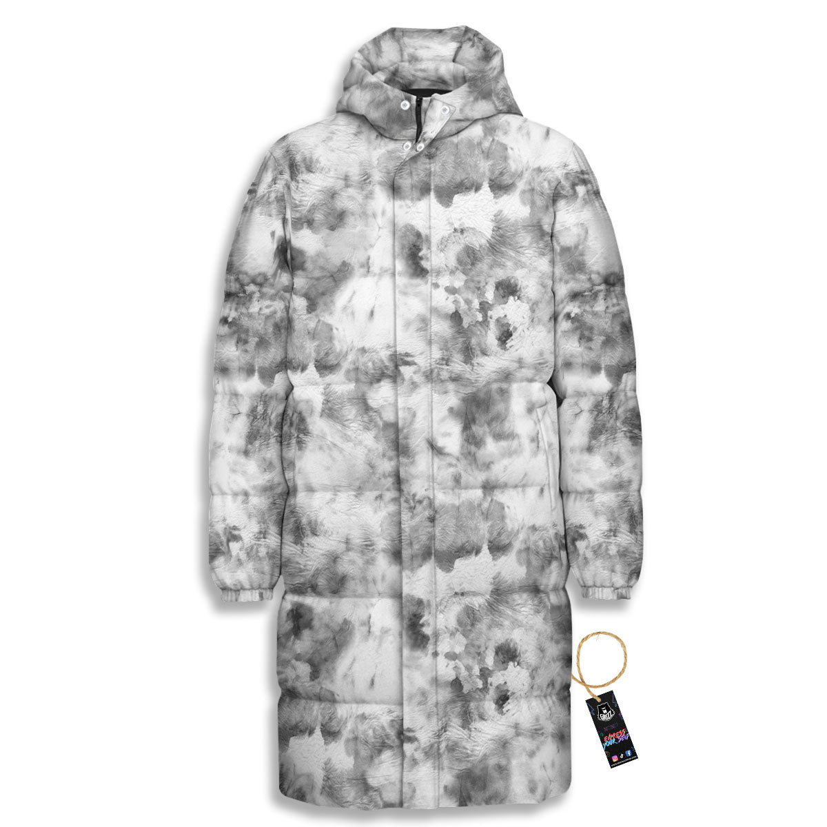 Grey Smoke Marble Print Pattern Long Down Jacket-grizzshop