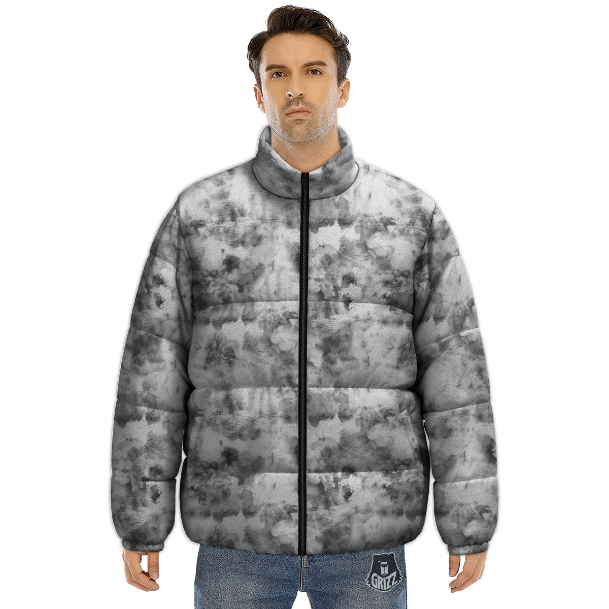 Grey Smoke Marble Print Pattern Puffer Jacket-grizzshop