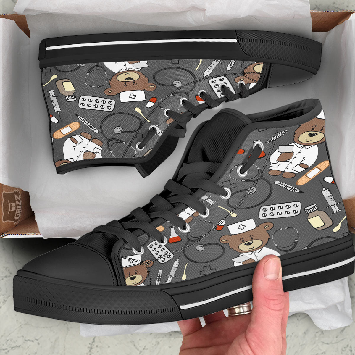 Grey Teddy Bear Nurse Black High Top Shoes-grizzshop