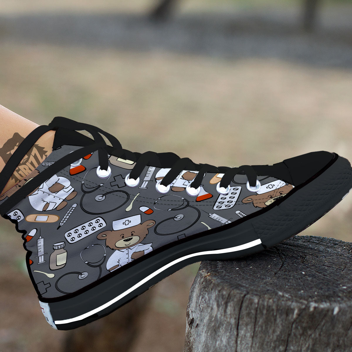 Grey Teddy Bear Nurse Black High Top Shoes-grizzshop