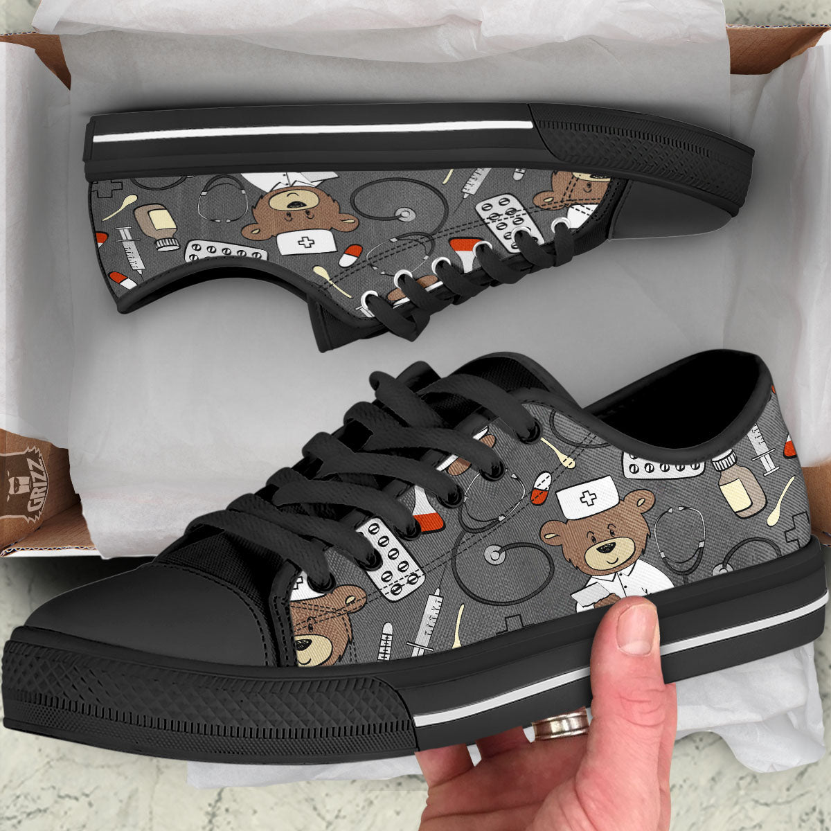 Grey Teddy Bear Nurse Black Low Top Shoes-grizzshop