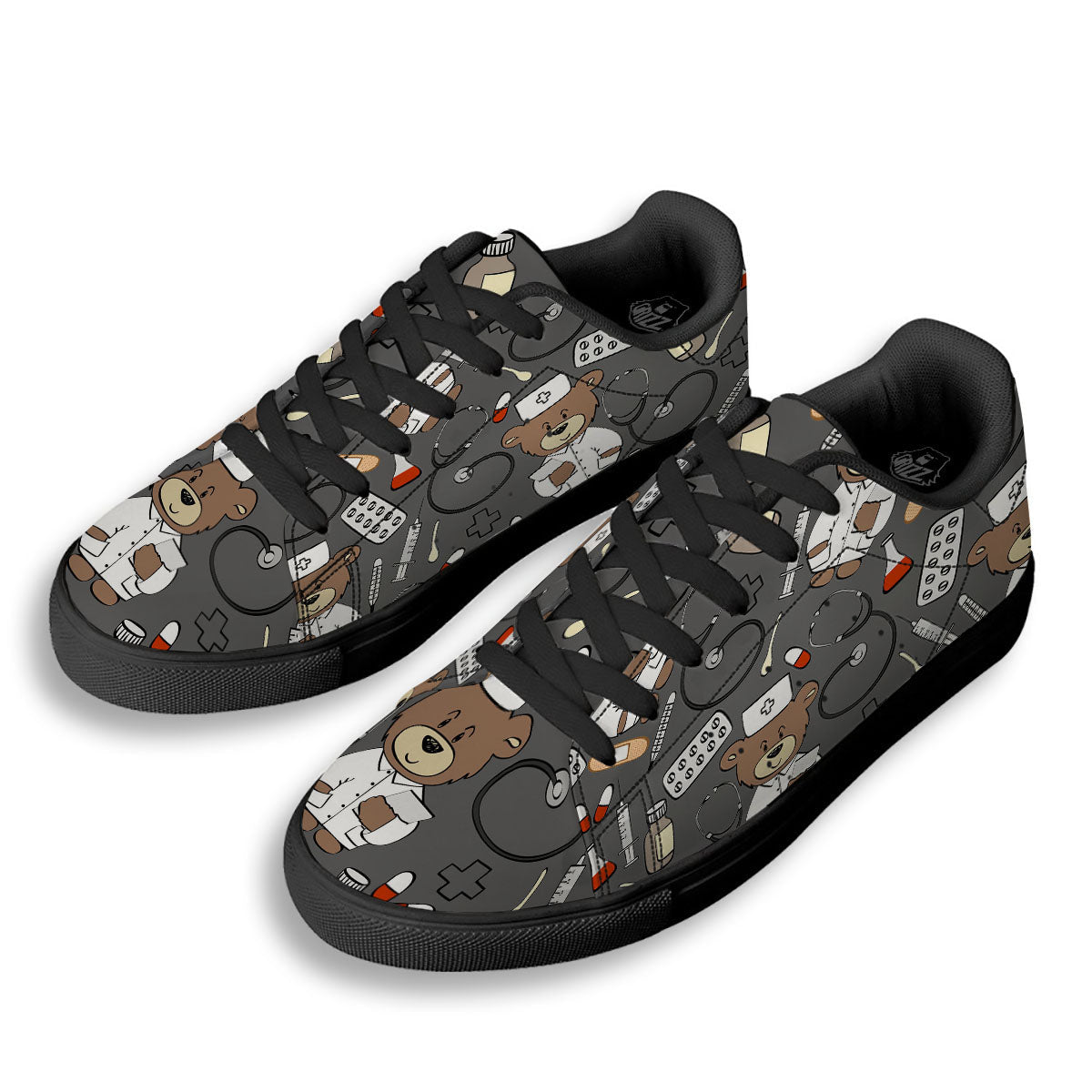 Grey Teddy Bear Nurse Black Low Top Sneakers-grizzshop
