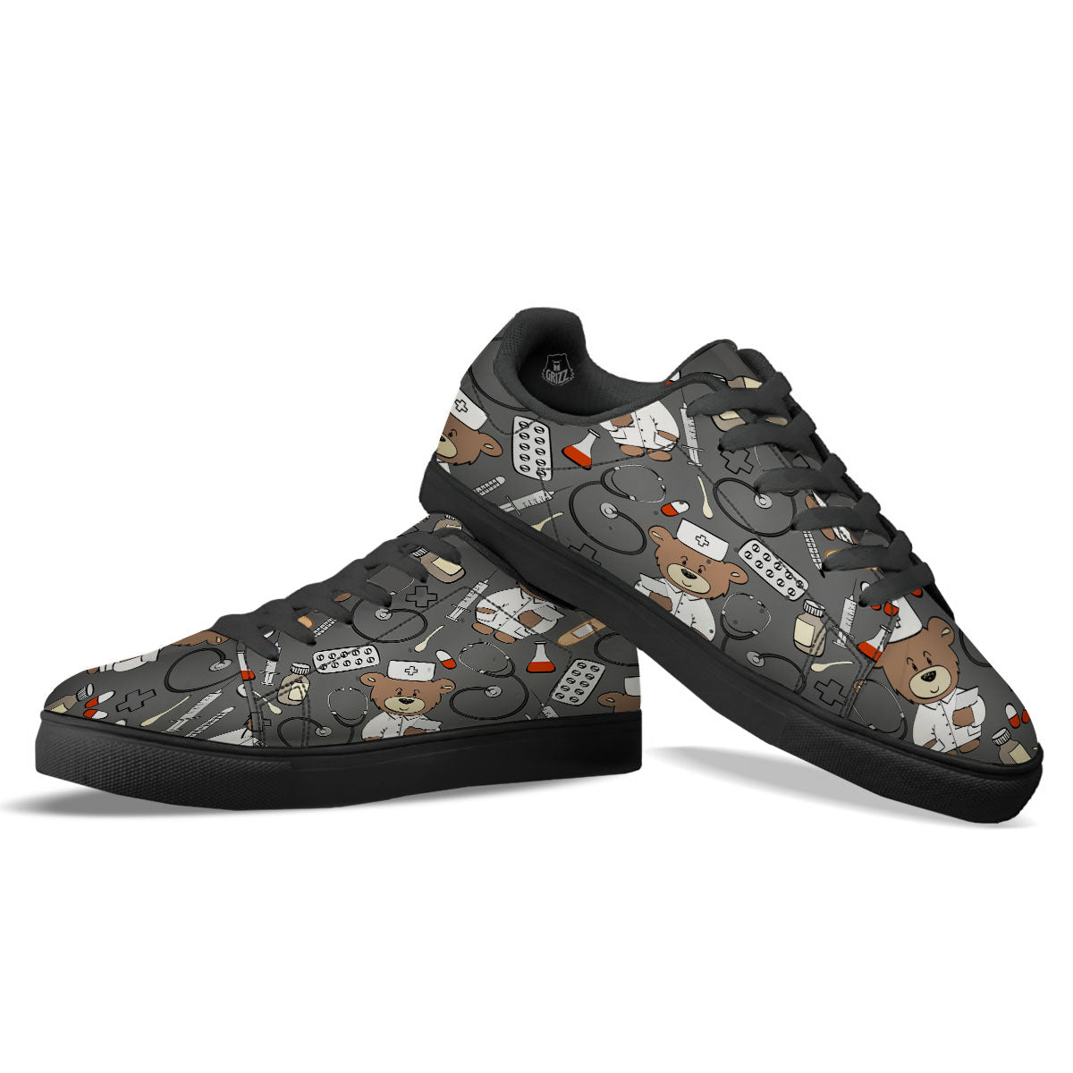 Grey Teddy Bear Nurse Black Low Top Sneakers-grizzshop