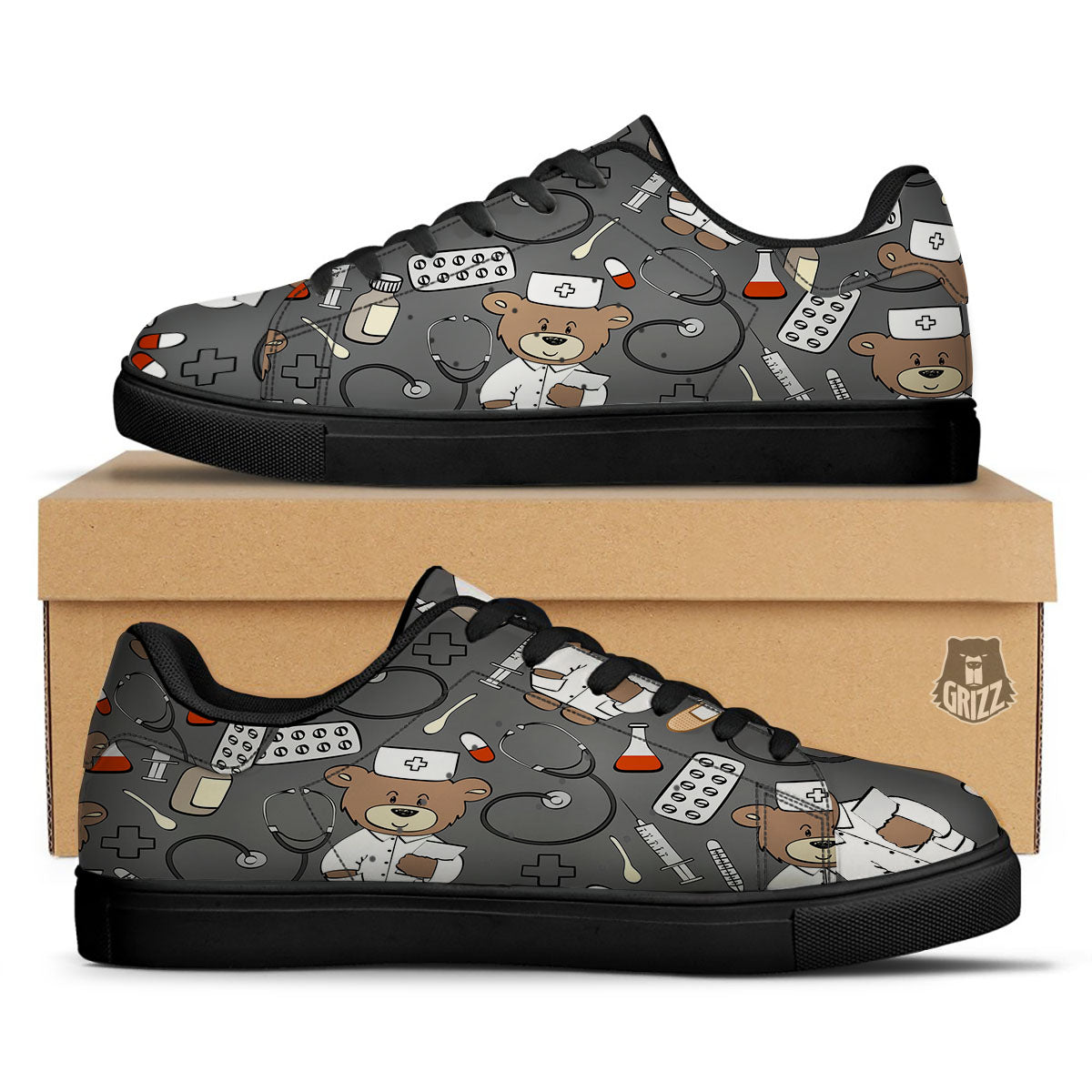 Grey Teddy Bear Nurse Black Low Top Sneakers-grizzshop