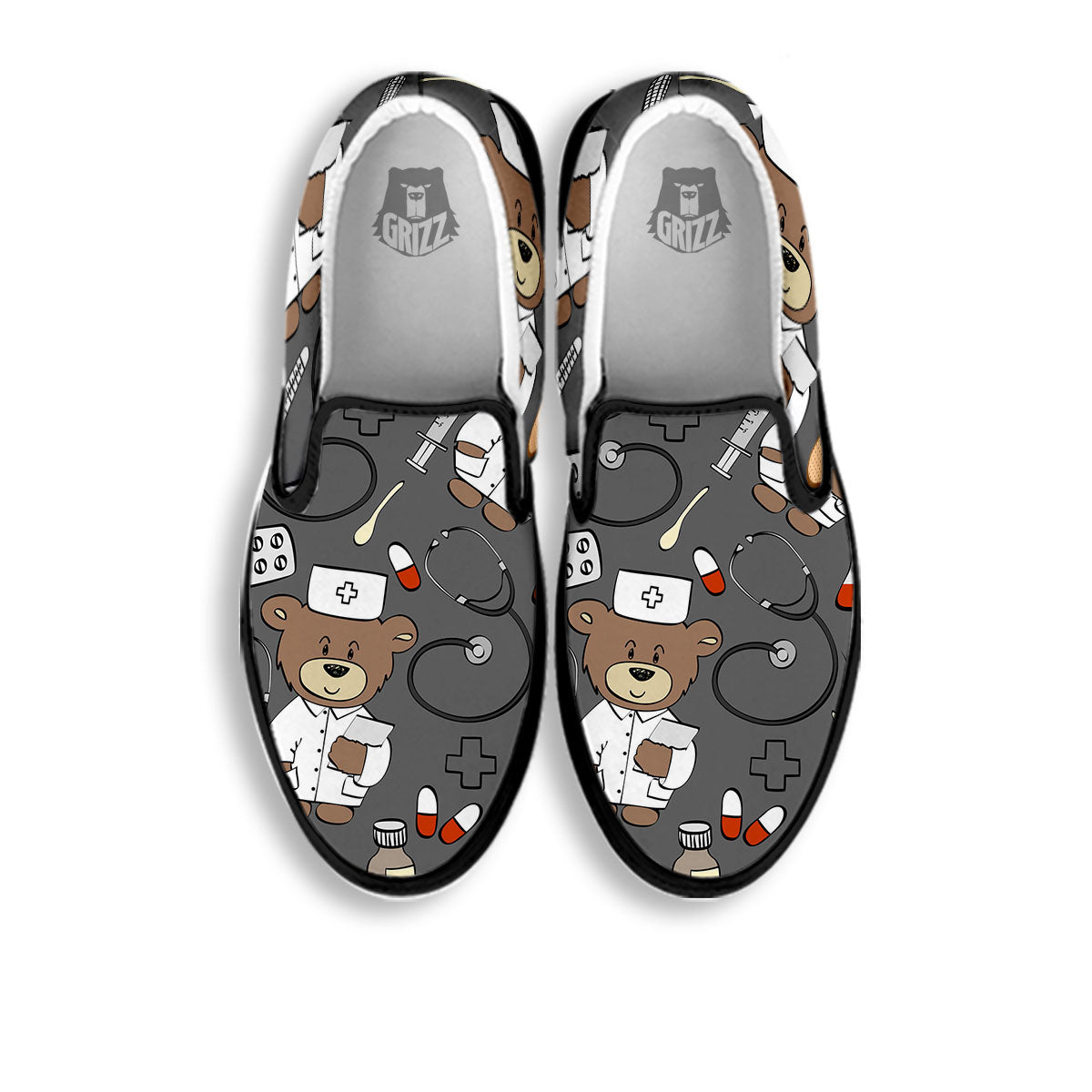 Grey Teddy Bear Nurse Black Slip On Shoes-grizzshop