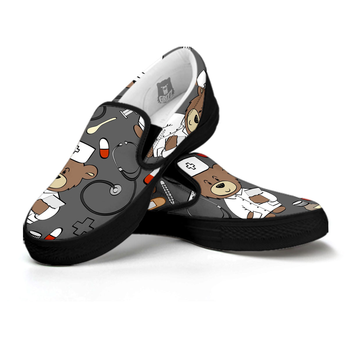 Grey Teddy Bear Nurse Black Slip On Shoes-grizzshop