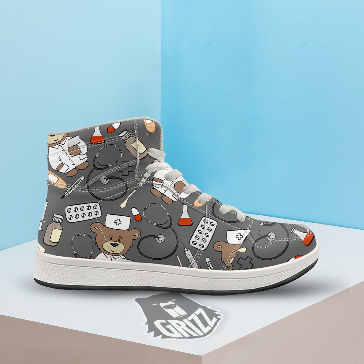 Grey Teddy Bear Nurse High Top Sneakers-grizzshop