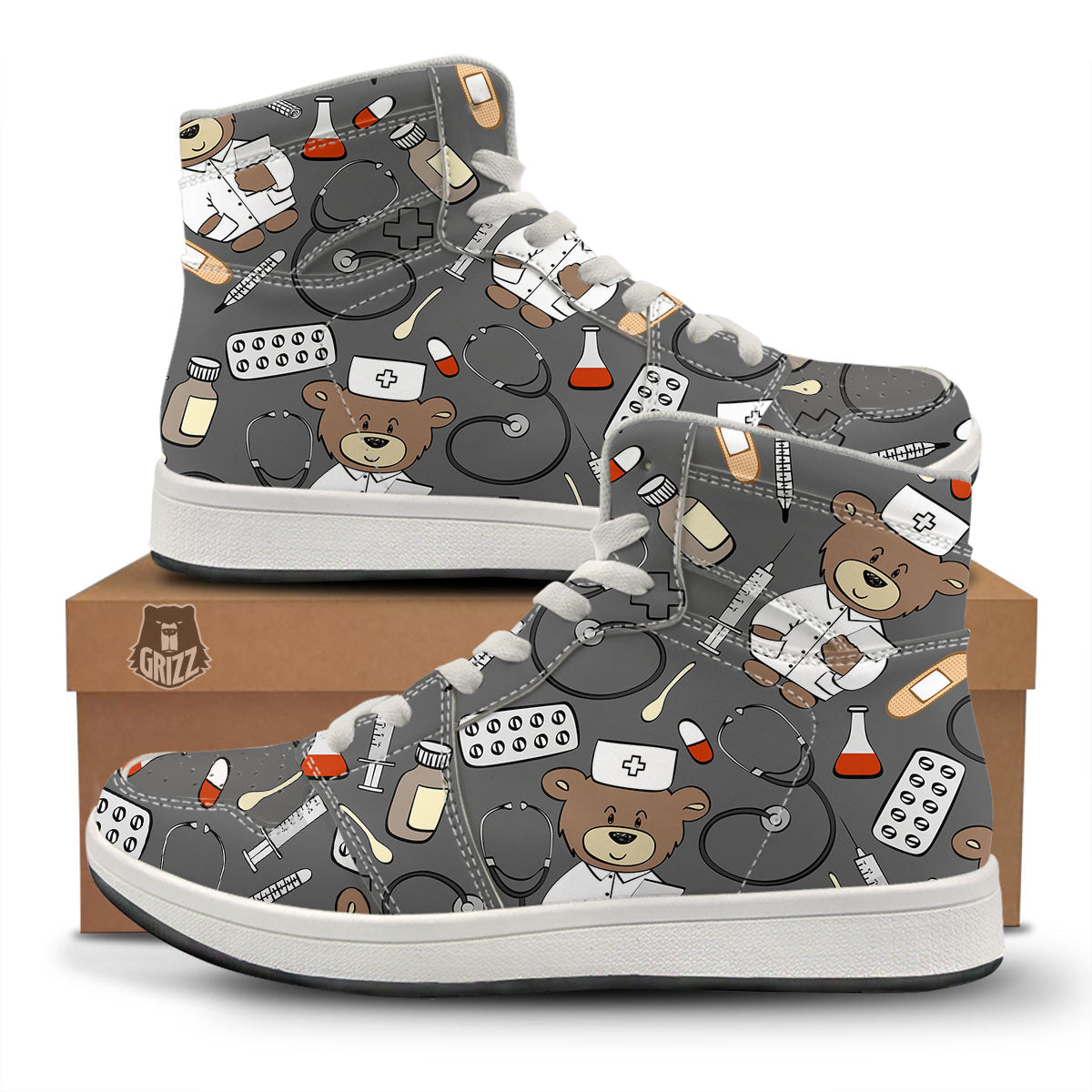 Grey Teddy Bear Nurse High Top Sneakers-grizzshop