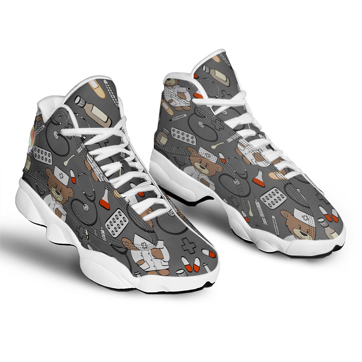 Grey Teddy Bear Nurse White Basketball Shoes-grizzshop