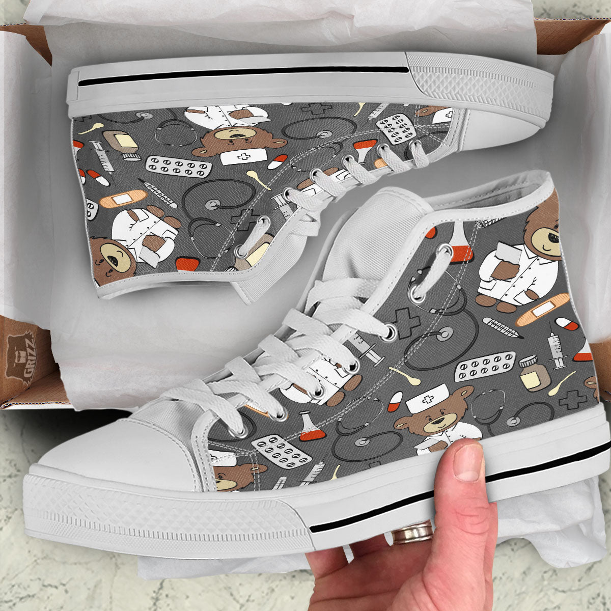 Grey Teddy Bear Nurse White High Top Shoes-grizzshop