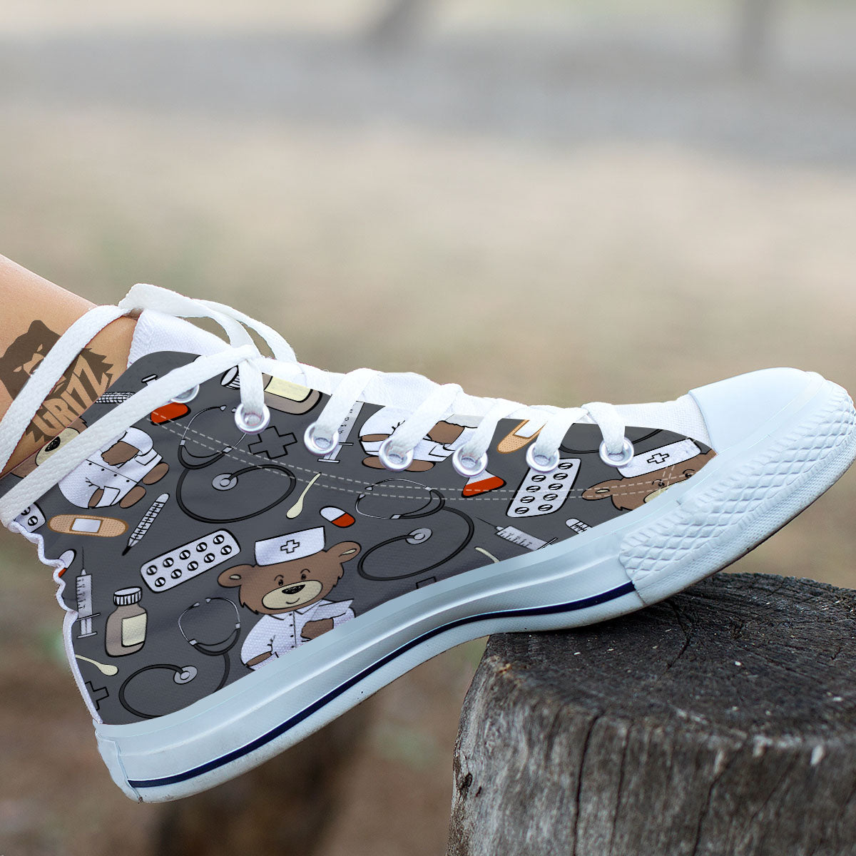 Grey Teddy Bear Nurse White High Top Shoes-grizzshop