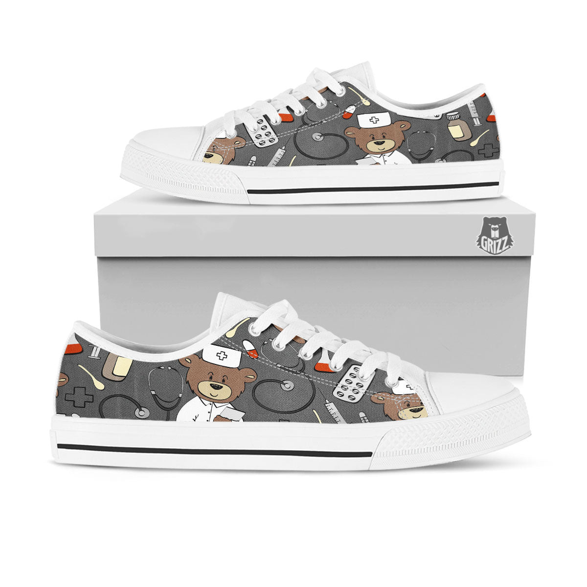 Grey Teddy Bear Nurse White Low Top Shoes-grizzshop