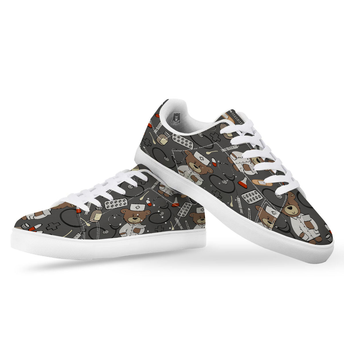 Grey Teddy Bear Nurse White Low Top Sneakers-grizzshop