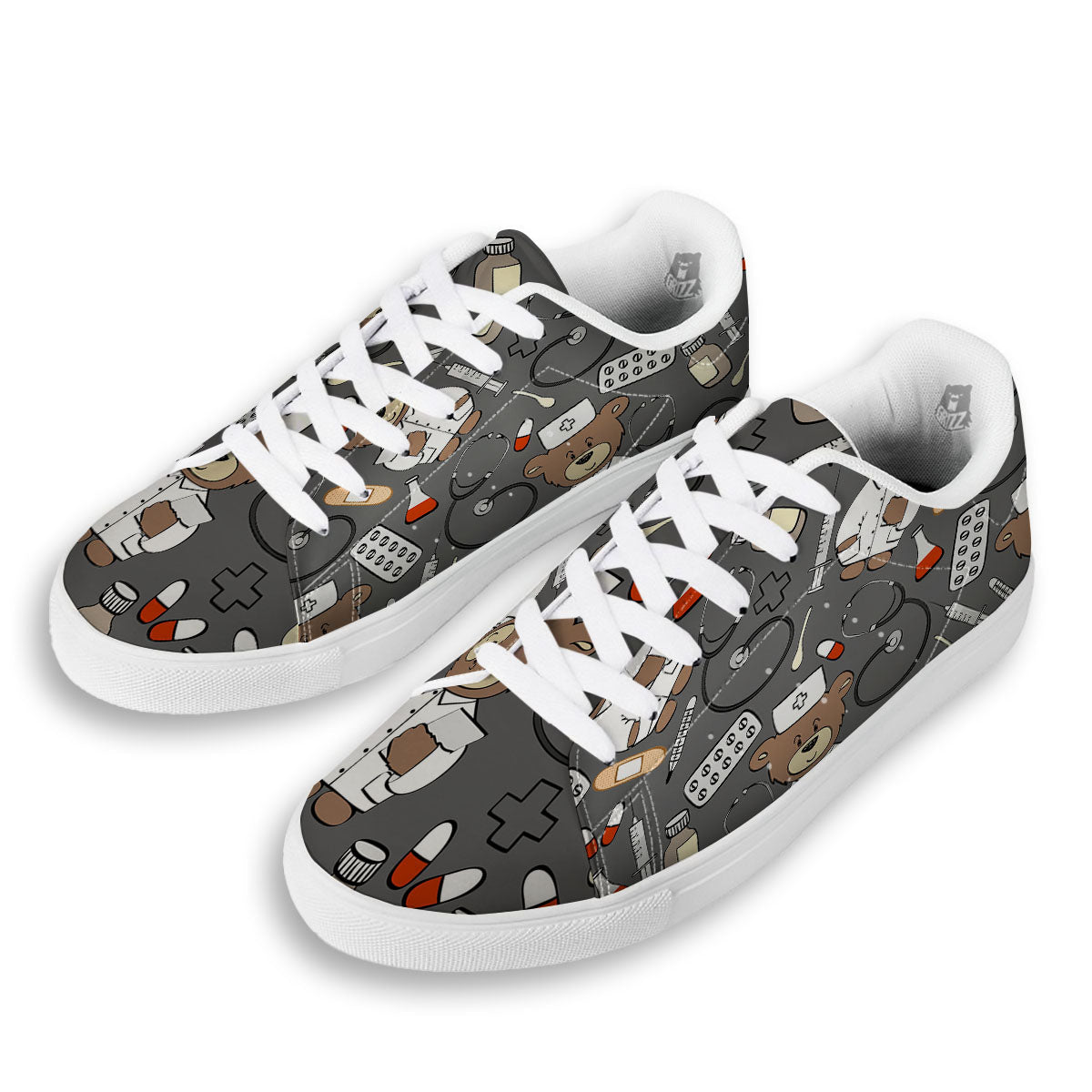 Grey Teddy Bear Nurse White Low Top Sneakers-grizzshop