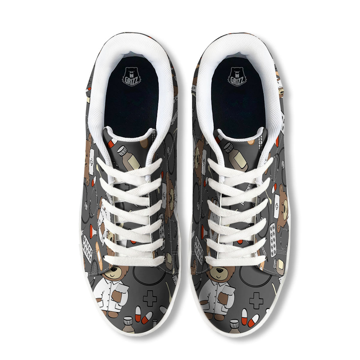 Grey Teddy Bear Nurse White Low Top Sneakers-grizzshop