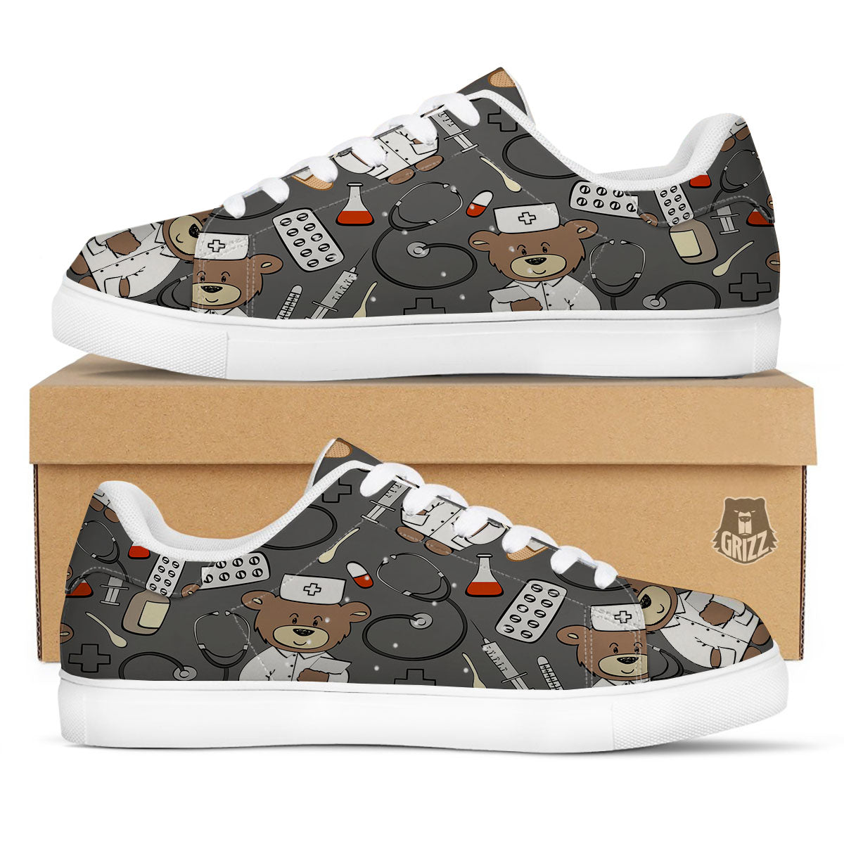 Grey Teddy Bear Nurse White Low Top Sneakers-grizzshop