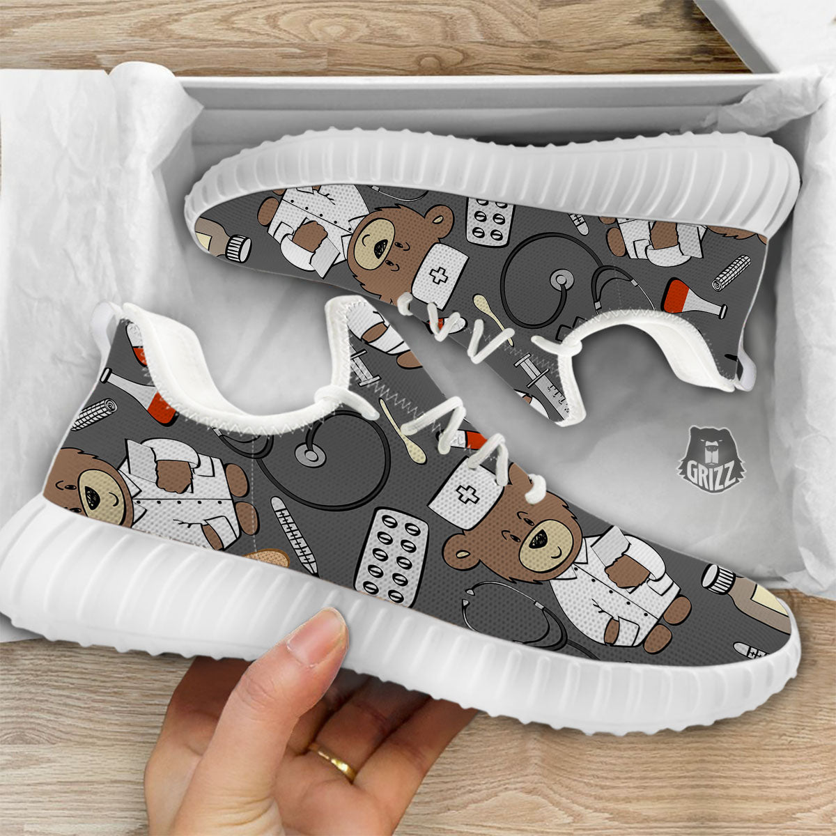 Grey Teddy Bear Nurse White Walking Shoes-grizzshop