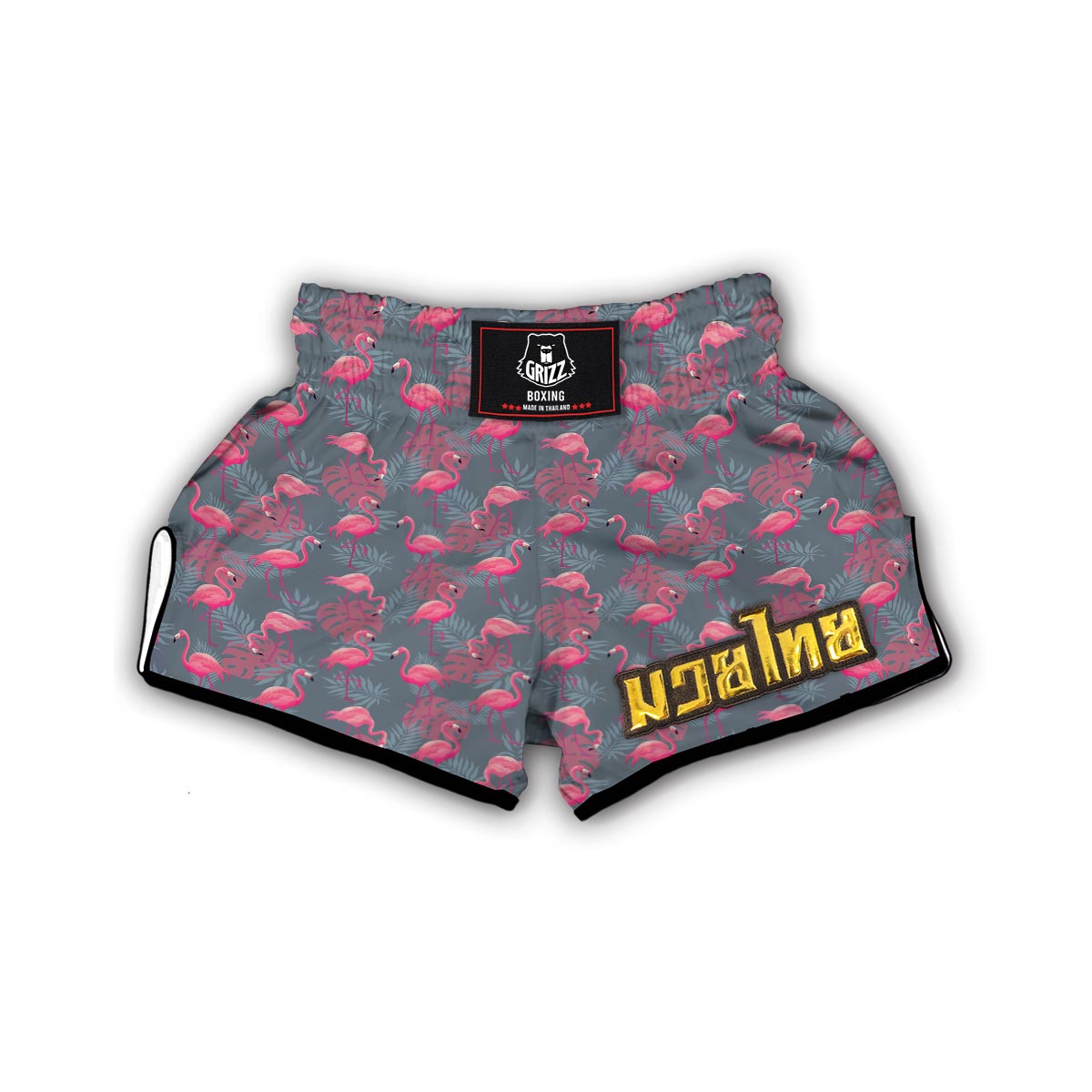 Grey Tropical Flamingo Muay Thai Boxing Shorts-grizzshop