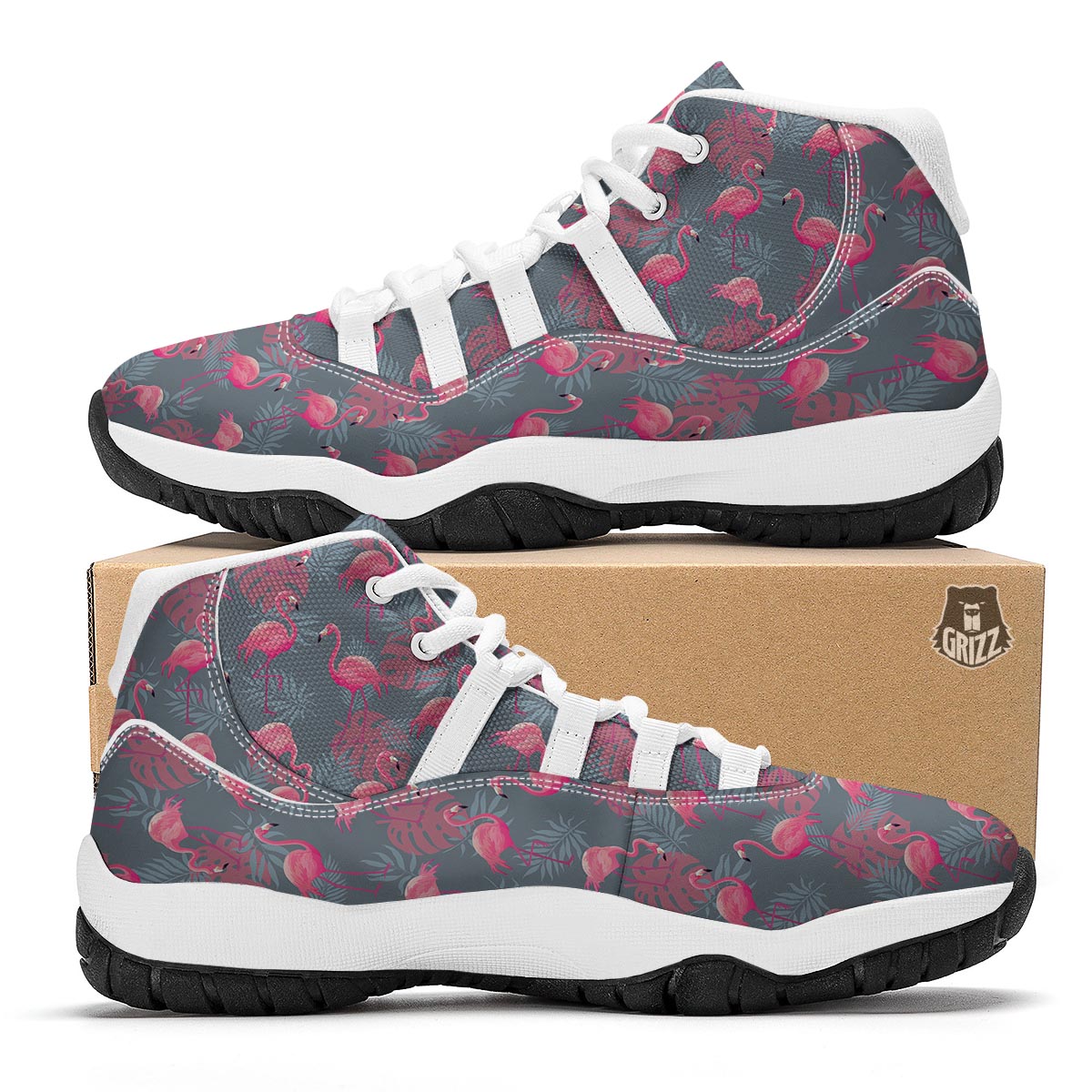 Grey Tropical Flamingo White Bball Shoes-grizzshop