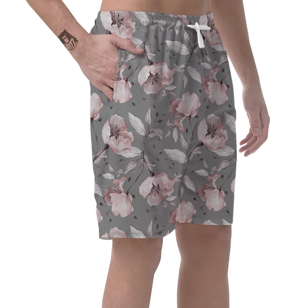 Grey Vintage Floral Print Men's Shorts-grizzshop