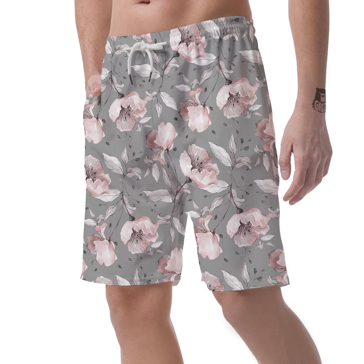 Grey Vintage Floral Print Men's Shorts-grizzshop