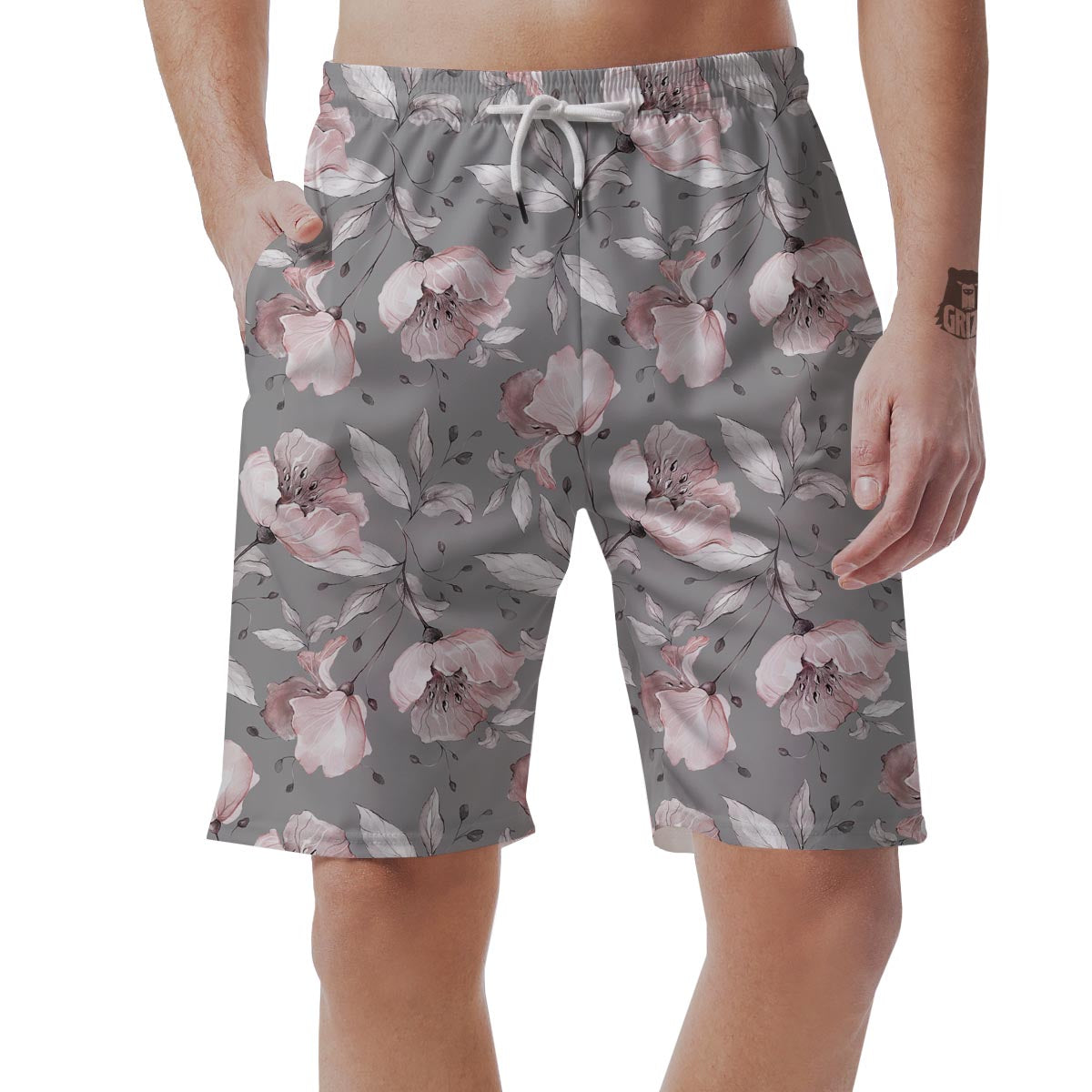 Grey Vintage Floral Print Men's Shorts-grizzshop