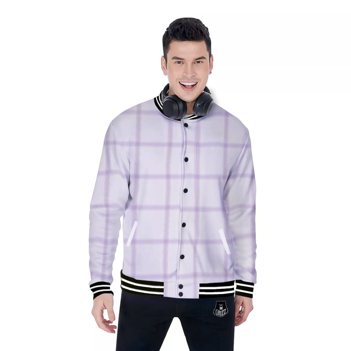 Grey White And Purple Tattersall Print Pattern Baseball Jacket-grizzshop