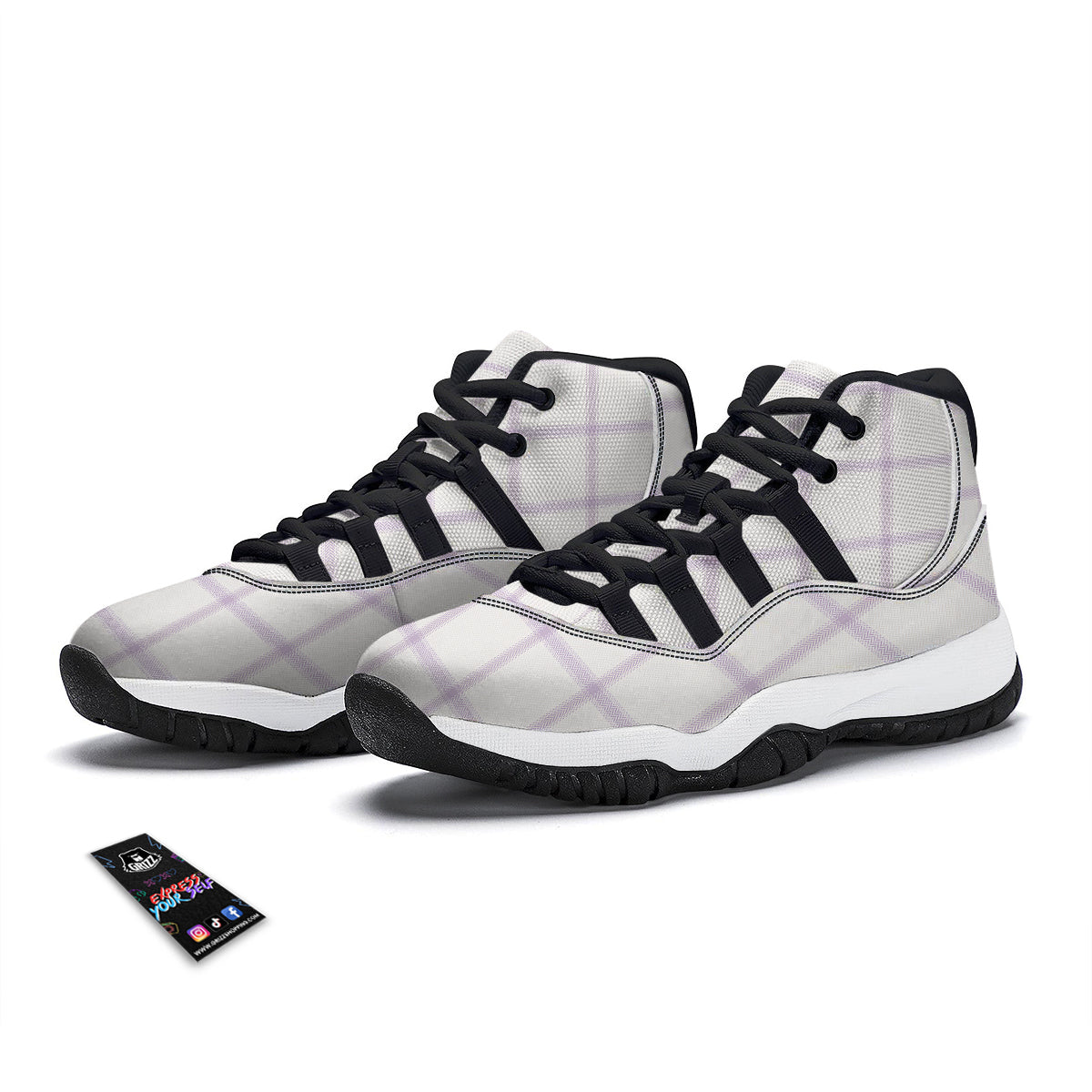 Grey White And Purple Tattersall Print Pattern Black Bball Shoes-grizzshop