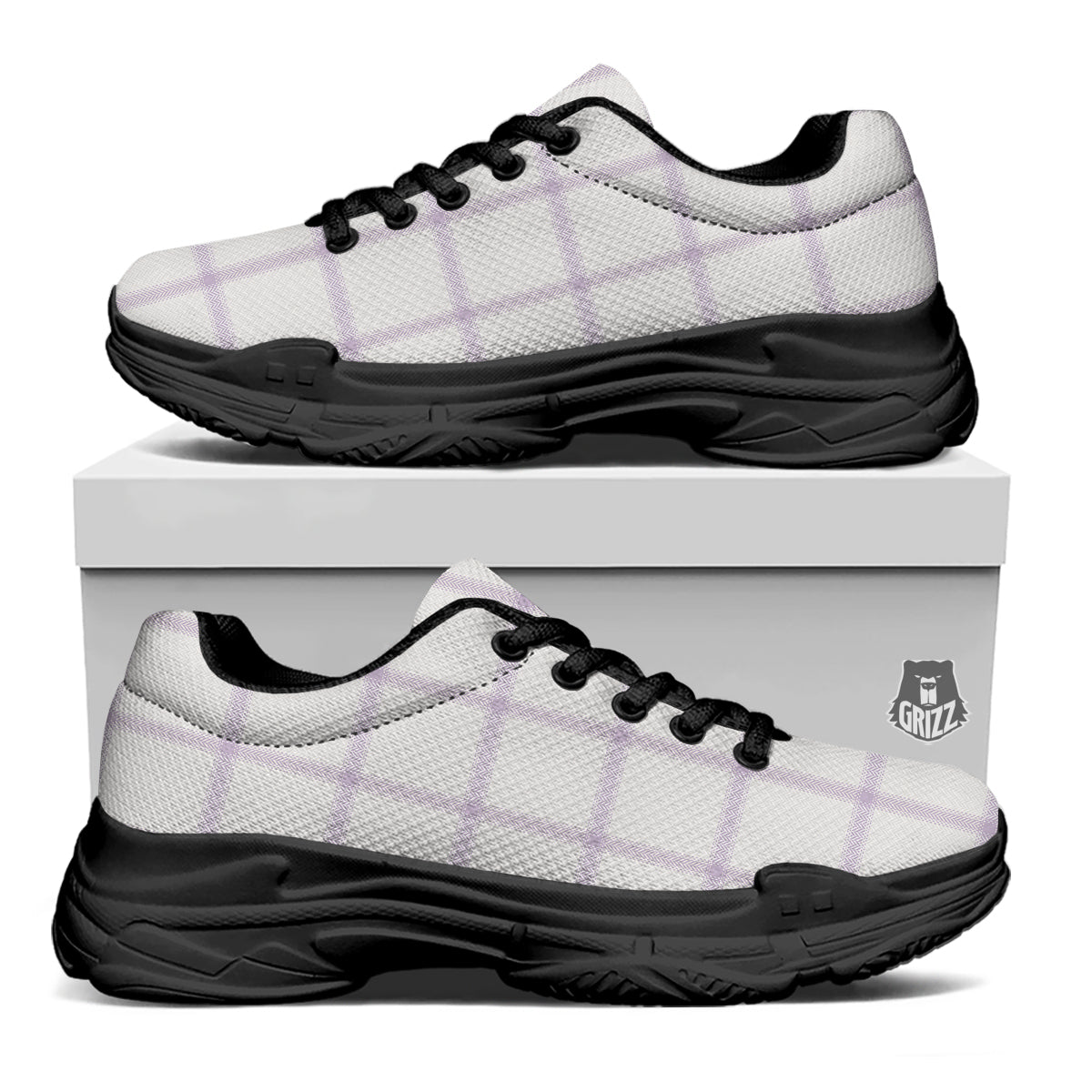 Grey White And Purple Tattersall Print Pattern Black Chunky Shoes-grizzshop