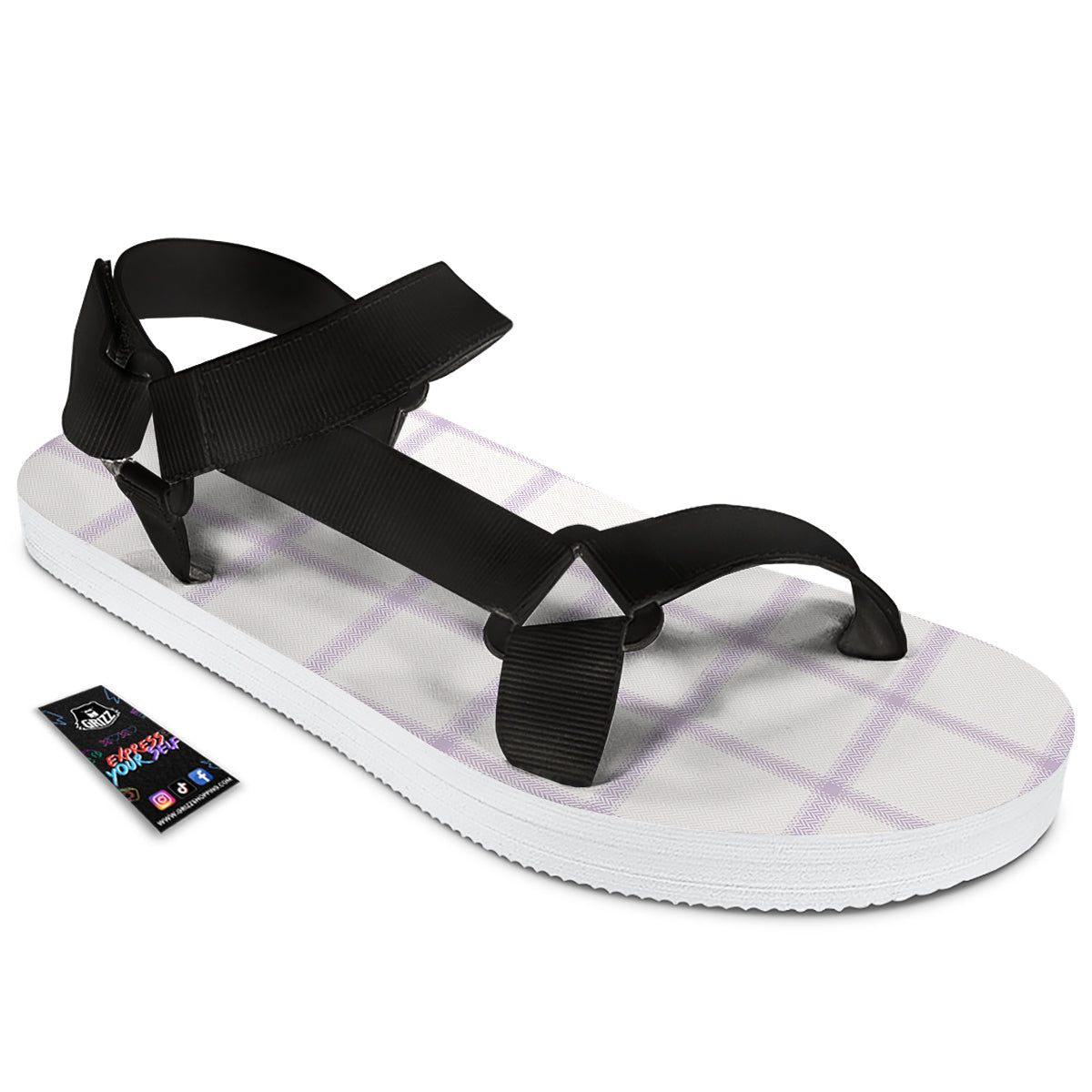 Grey White And Purple Tattersall Print Pattern Black Open Toe Sandals-grizzshop