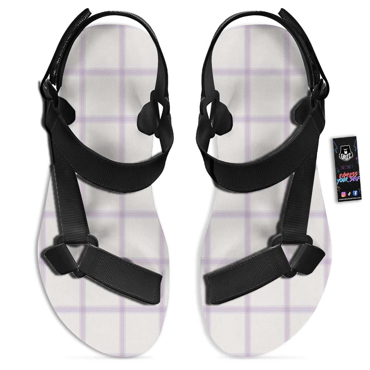 Grey White And Purple Tattersall Print Pattern Black Open Toe Sandals-grizzshop