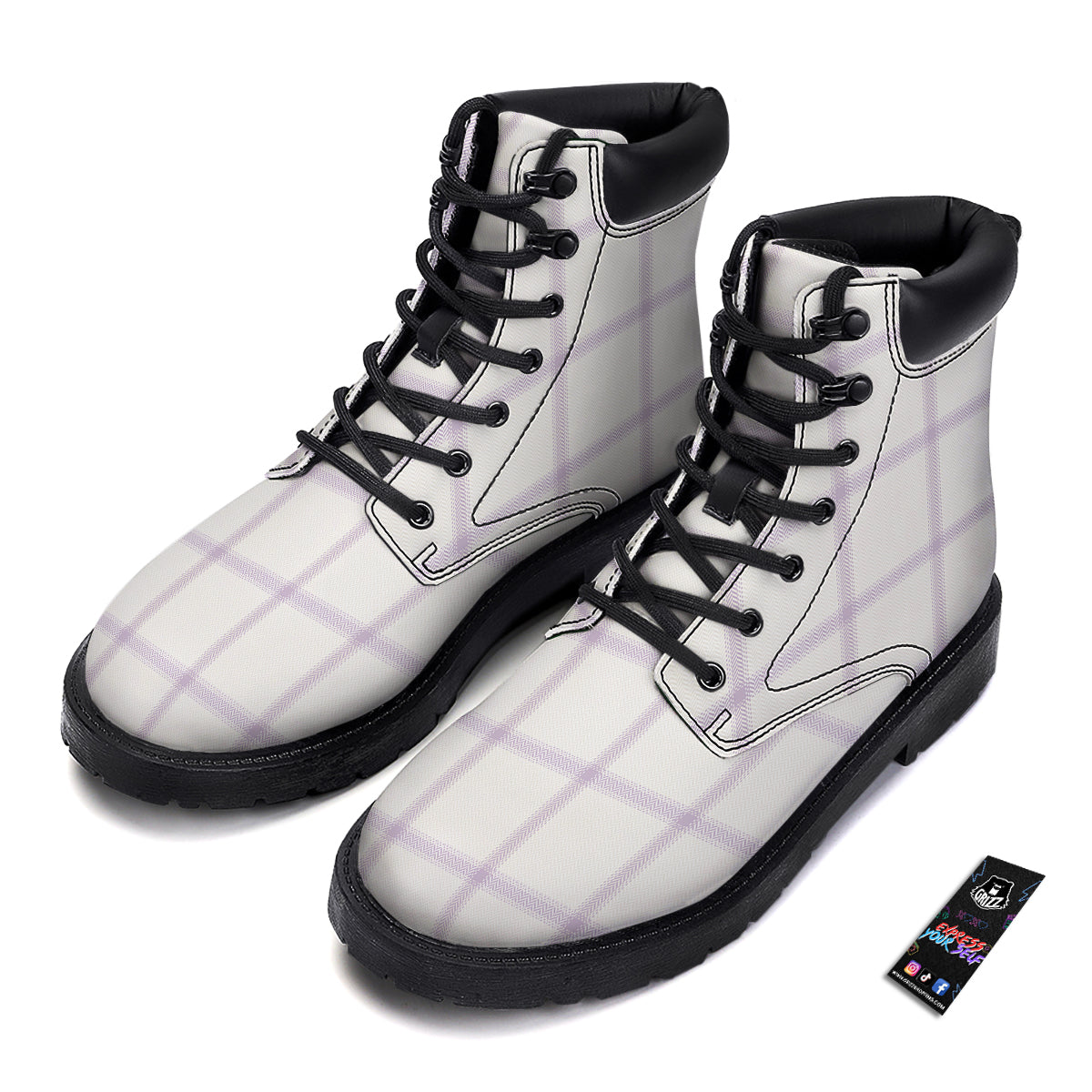 Grey White And Purple Tattersall Print Pattern Boots-grizzshop