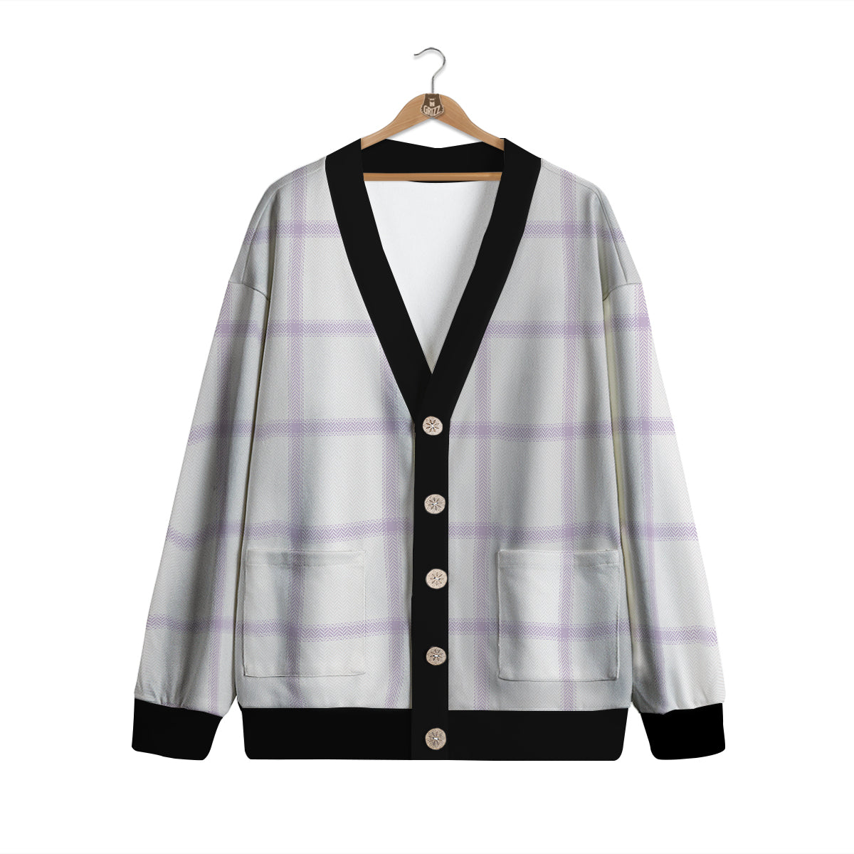 Grey White And Purple Tattersall Print Pattern Cardigan-grizzshop