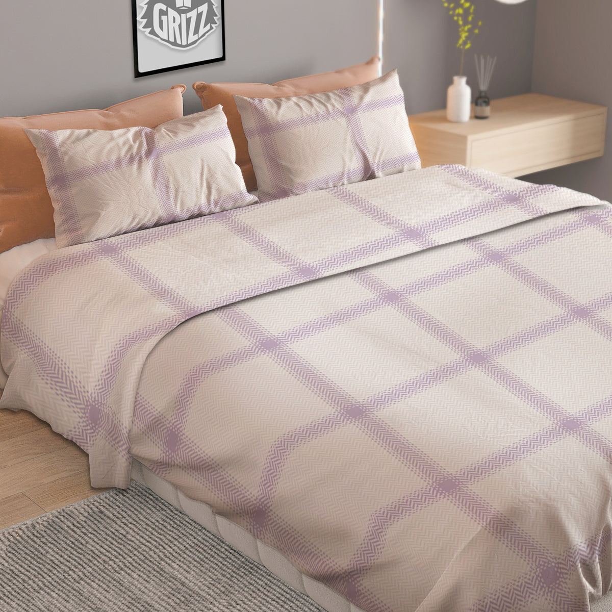 Grey White And Purple Tattersall Print Pattern Duvet Cover Bedding Set