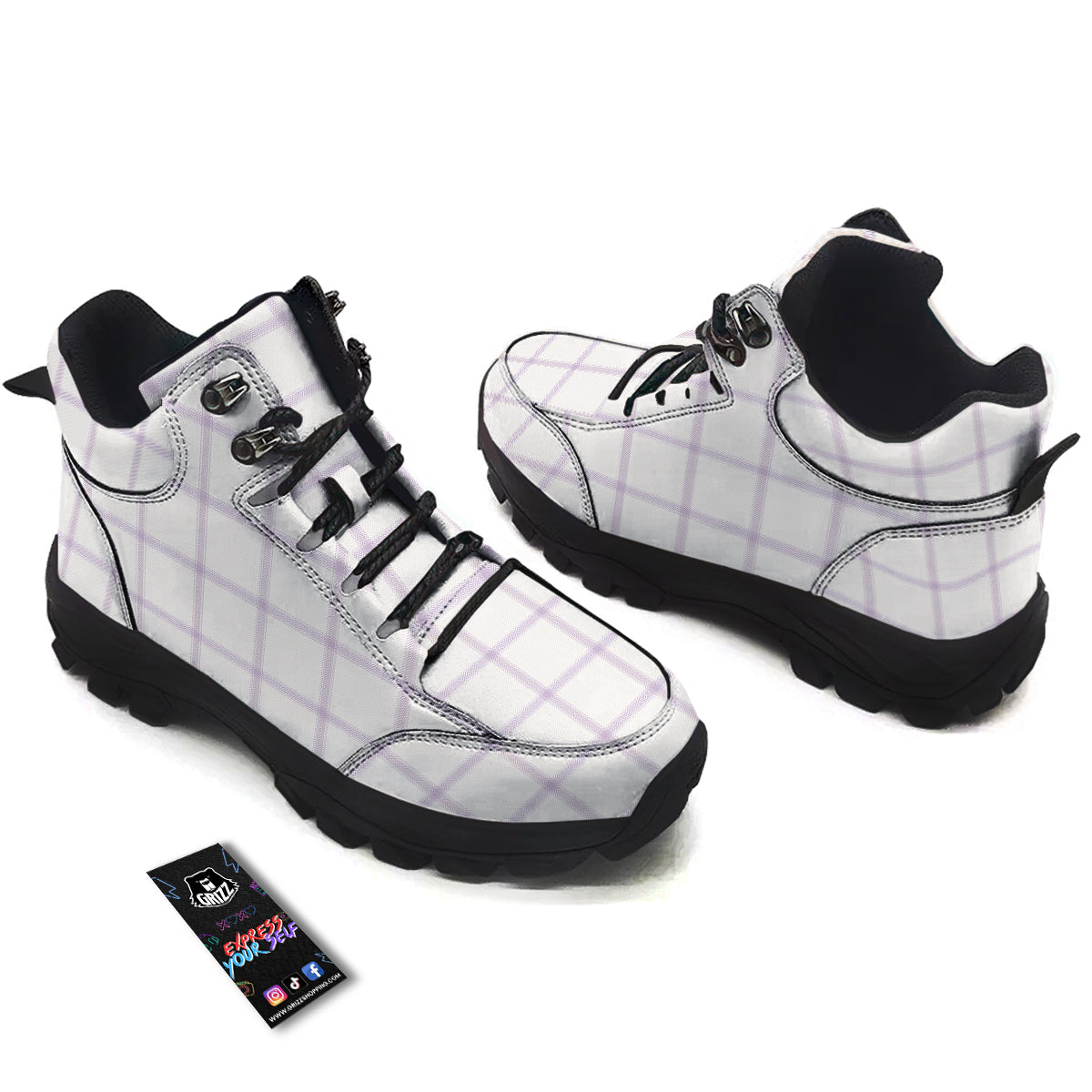 Grey White And Purple Tattersall Print Pattern Hiking Shoes-grizzshop