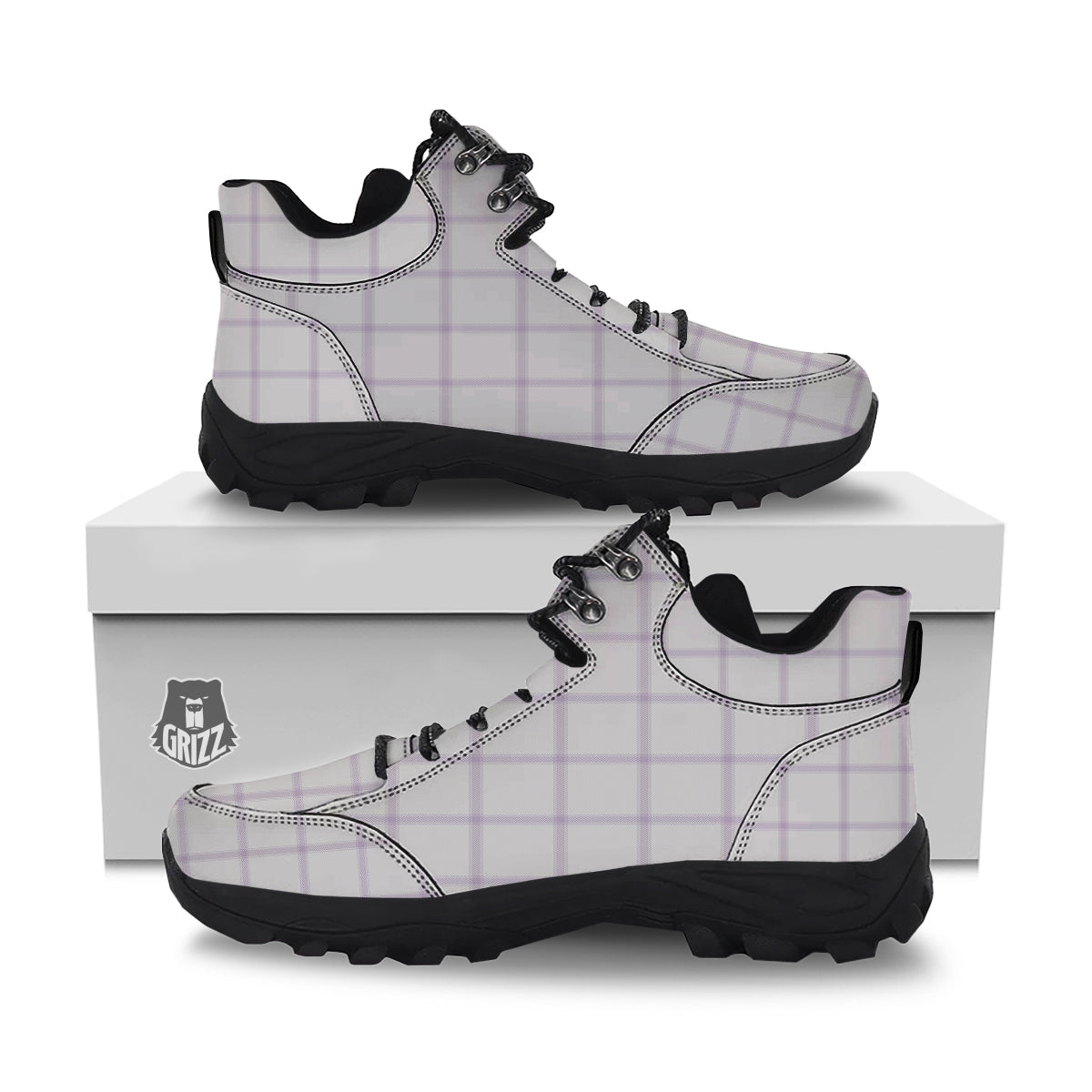 Grey White And Purple Tattersall Print Pattern Hiking Shoes-grizzshop