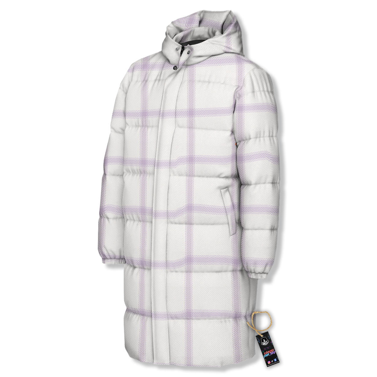 Grey White And Purple Tattersall Print Pattern Long Down Jacket-grizzshop