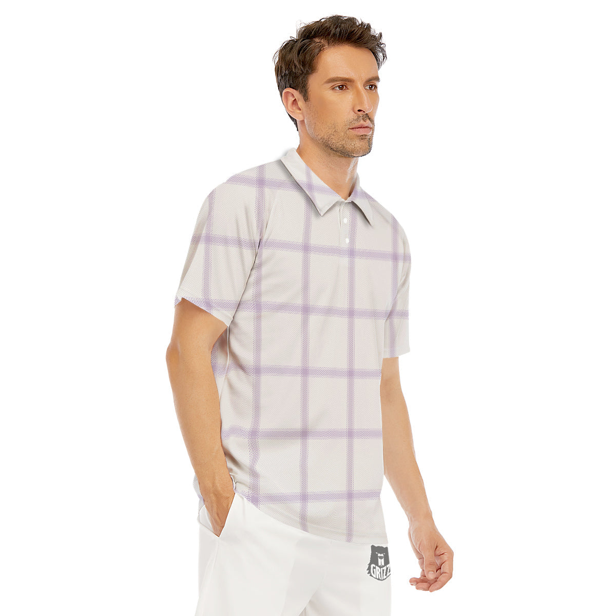 Grey White And Purple Tattersall Print Pattern Men's Golf Shirts-grizzshop