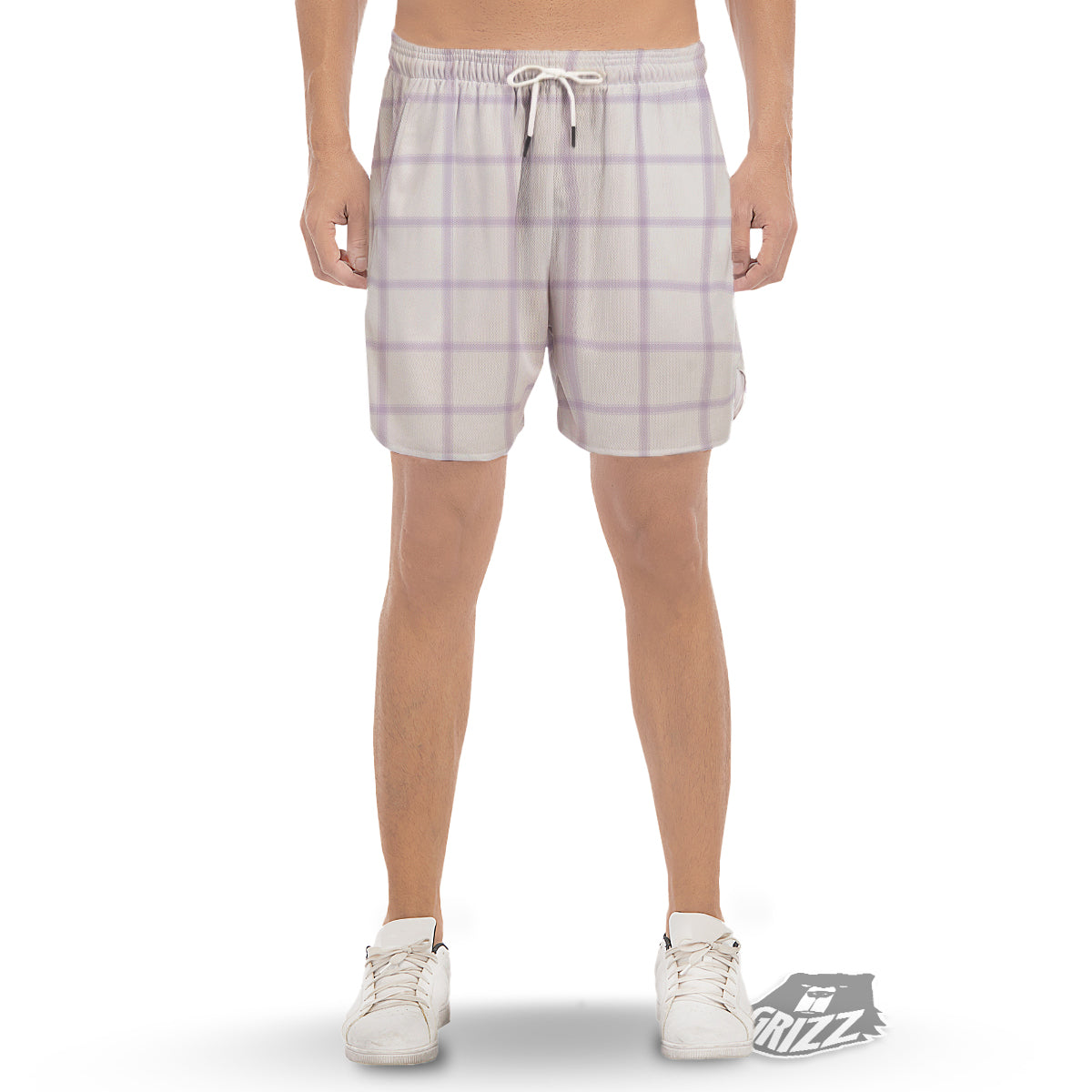Grey White And Purple Tattersall Print Pattern Men's Gym Shorts-grizzshop