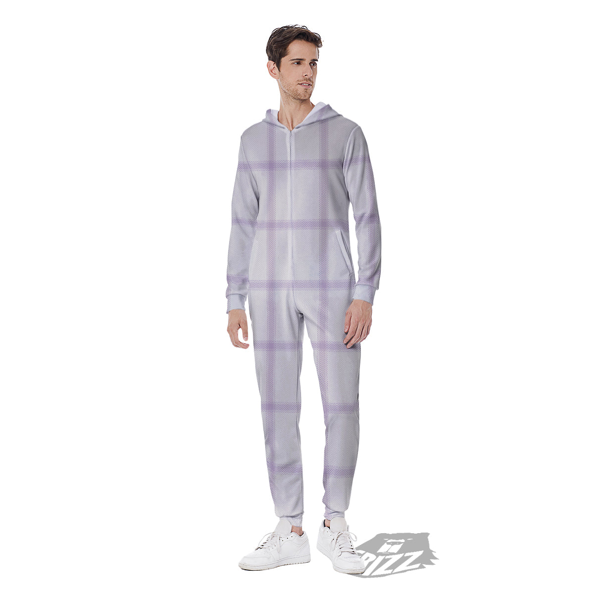 Grey White And Purple Tattersall Print Pattern Men's Jumpsuit-grizzshop