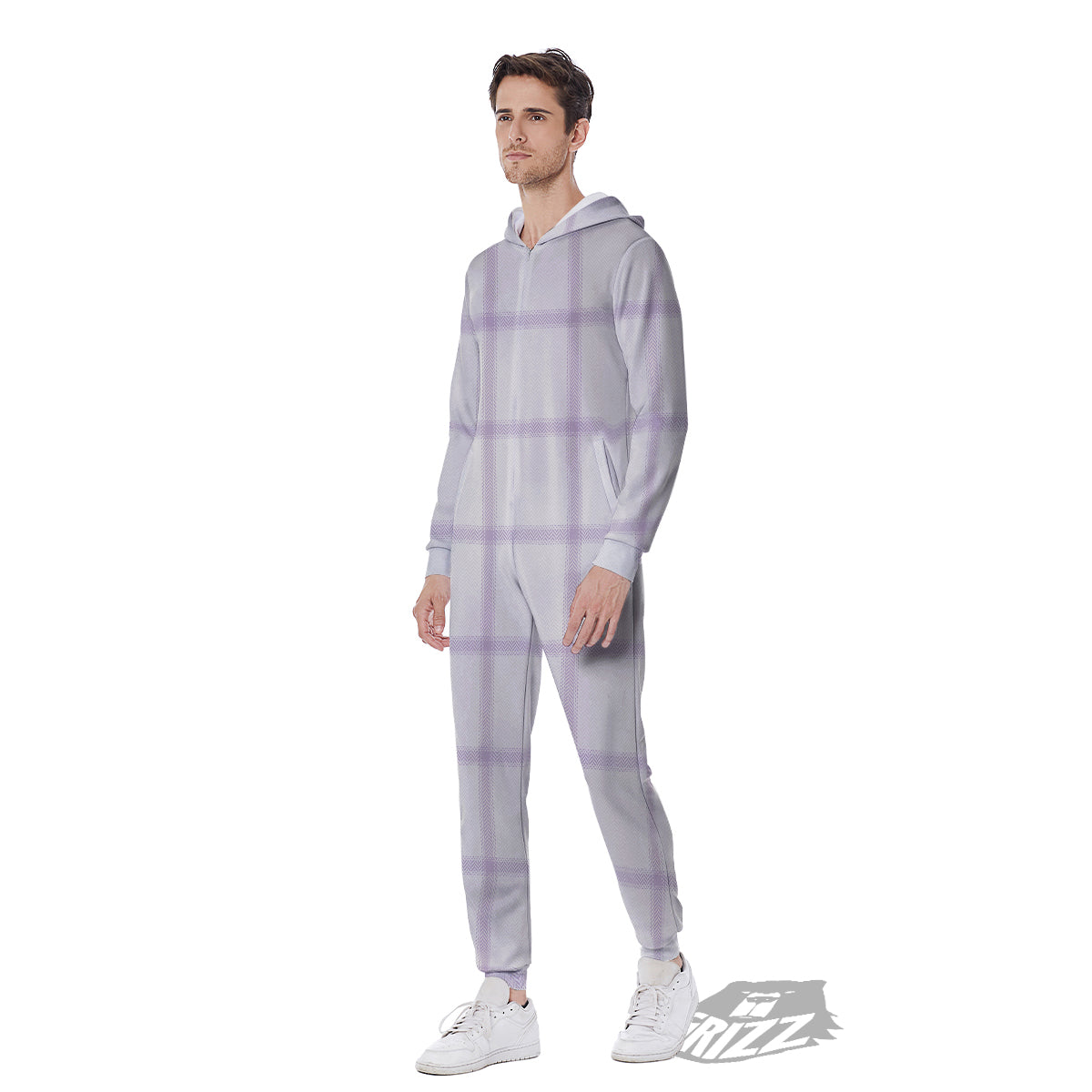 Grey White And Purple Tattersall Print Pattern Men's Jumpsuit-grizzshop
