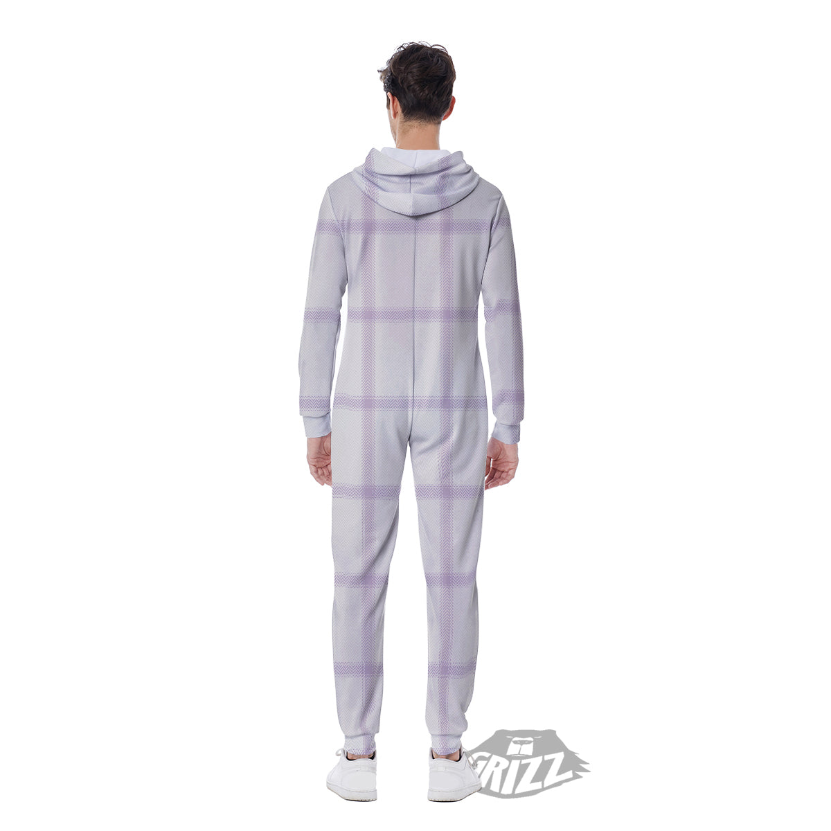 Grey White And Purple Tattersall Print Pattern Men's Jumpsuit-grizzshop
